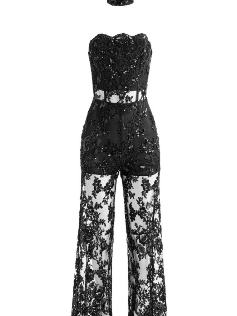 Alice + Olivia Black Strapless Lace Sheer Wide-Leg Jumpsuit Make an Offer! - Picture 4 of 4